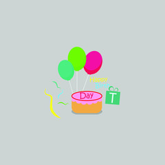 Happy Birthday. Beautiful greeting card poster with cake and balloon. Hand drawn, design elements logo vector