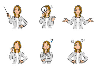 Naklejka premium グレーのジャケットを羽織ったビジネスウーマンの上半身 6種類のポーズのセット