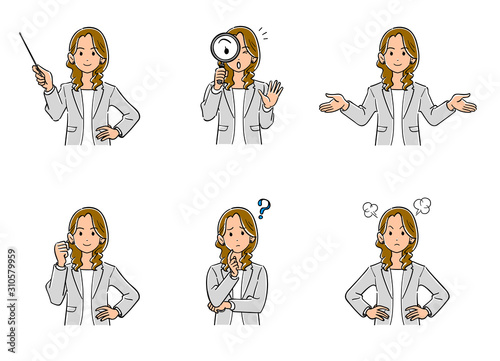 グレーのジャケットを羽織ったビジネスウーマンの上半身 6種類のポーズのセット Wall Mural Haru Natsu Kobo