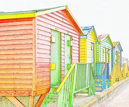 Close up of colorful changing huts on the beach in Muizenberg