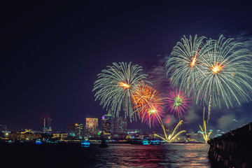 New Year's celebration fireworks in night city in Pattaya, Thailand.