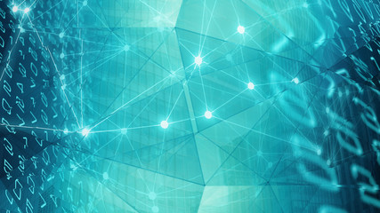 Office building and digital numbers, lines and dots connected