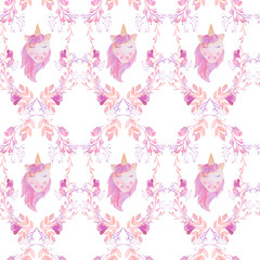 watercolor seamless pattern pink unicorn and flowers
