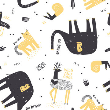 Cute animals seamless pattern with cute elephant, dangerous snail, wild cat, deer and tropical plants. Vector texture in childish style great for fabric and textile, backgrounds.
