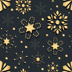 Exclusive seamless pattern of golden snowflakes and stars on a black background. Thin delicate lines silhouettes of different snow elements. New year ornament.