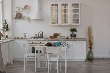Photo of a Scandinavian minimalist style kitchen interior depicting winter holidays.