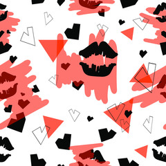Silhouette lips and geometric hearts seamless pattern, vector stock illustration. Hand drawn black kiss prints and hearts. Design for fashion textile, background, wrapping, decor paper.