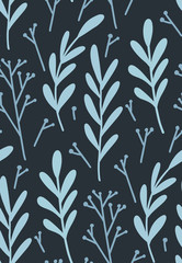Seamless flat hand drawn pattern with blue branches, leaves and sticks on dark background. Vector rustic texture for wallpaper, fabrics and your creativity.
