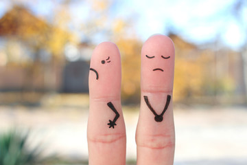 Fingers art of displeased couple. Woman was offended, man was guilty. - obrazy, fototapety, plakaty