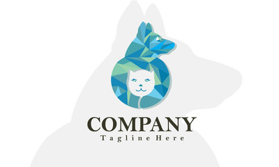 animal care vector logo with a polygonal concept, depicting a dog that is hugging a cat.