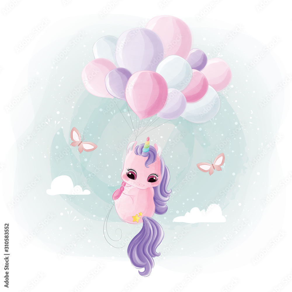 Wall mural cute unicorn flying with balloons