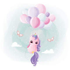 Cute Unicorn Flying with Balloons
