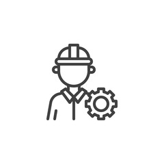 Engineer worker with gear line icon. linear style sign for mobile concept and web design. Industrial worker and cogwheel outline vector icon. Repairman service symbol, logo illustration.