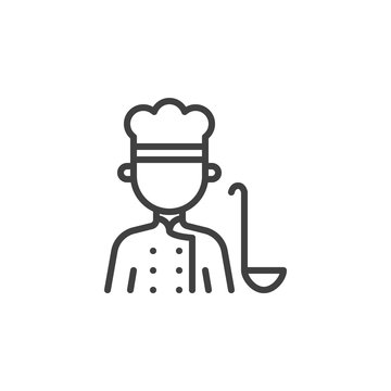 Cook with ladle line icon. linear style sign for mobile concept and web design. Chef worker avatar with soup spoon outline vector icon. Restaurant symbol, logo illustration.