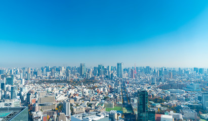 Fototapeta na wymiar 東京風景　渋谷スカイから望む　東京タワーとスカイツリーを同時に望む　2019年12月