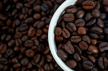 close-up coffee bean in whie cup and background
