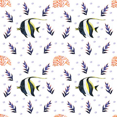 Obraz premium Striped fish in a set with algae and corals on a white background