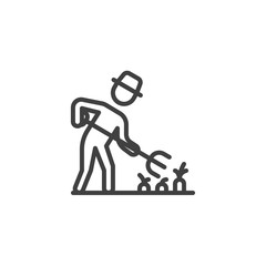 Gardener, farmer with pitchfork line icon. linear style sign for mobile concept and web design. Farmer man working with pitchfork outline vector icon. Symbol, logo illustration. Vector graphics