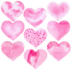 Set of watercolor pink hearts. Perfect for decorating Valentine's day cards, wedding invitations, scrapbooking, photo albums and other romantic designs.