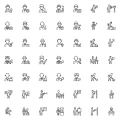 People professions line icons set. People occupation characters linear style symbols collection outline signs pack. vector graphics. Set includes icons as engineer worker, doctor, teacher, pilot, chef