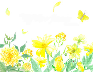 Fototapeta na wymiar Watercolor background of yellow varied flowers. Great for digital wallpapers, backgrounds, cards, invitations, photo albums and other creative uses.