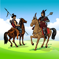 Fototapeta na wymiar Ancient soldiers of the East, Asia in a traditional suit on a horse in the steppe. Vector illustration