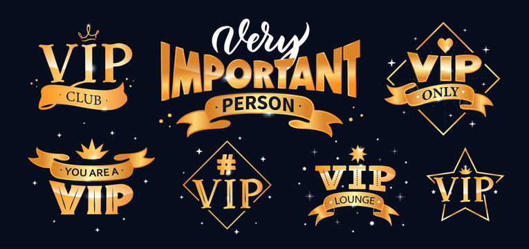 Vip lettering, logo collection. Creative set compositions in gold color for web banners