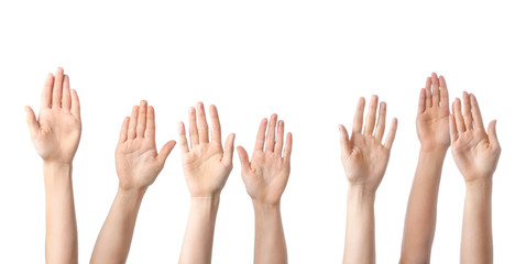 Hands of voting people on white background