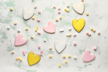 Heart shaped cookies for Valentine's day with marshmallows on white background