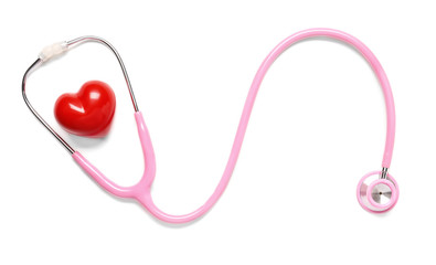 Stethoscope and red heart on white background. Cardiology concept