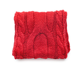 Stylish knitted scarf on white background