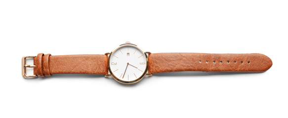 Stylish wrist watch on white background