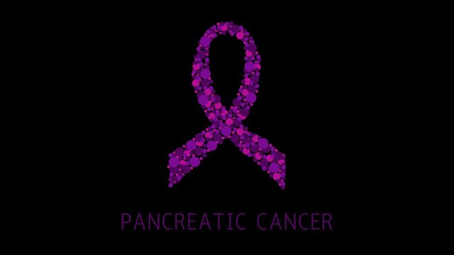 Pancreatic cancer awareness animation. Purple ribbon made of dots on white background. Pancreatitis disease. Medical concept. Seamless loop motion graphics with alpha channel.