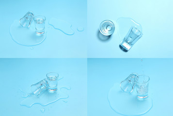 Vodka in shot glass on blue background with a blank space for a text, Russian vodka on color table