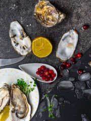 Oysters heart shape in plate with lemon, cranberries, microgreens, knife, shells on marble.