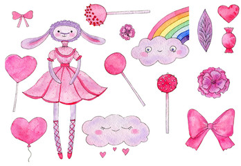 Watercolor set of sweets hearts clouds rainbows sheep in a dress