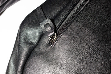 zip lock of leather bag, close-up view