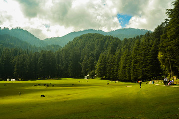 Khajjiar, the 'Mini Switzerland of India,' as it is often dubbed, is a small hill station in the north Indian state of Himachal Pradesh. - obrazy, fototapety, plakaty