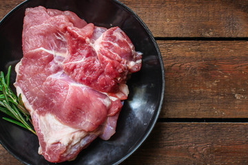 raw meat, piece of pork (healthy food, vitamins ingredients) menu concept. food background. top view. copy space