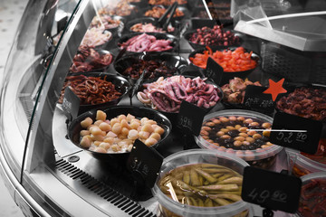 Different fresh seafood on display. Wholesale market
