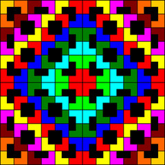 Colorful polygon and square repeat pattern background. Colorful geometric, chevron, L shape pattern on black background vector.