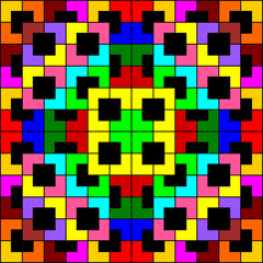 Colorful polygon and square repeat pattern background. Colorful geometric, chevron, L shape pattern on black background vector.