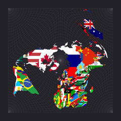 Worldmapwith flags of each country. Gringorten square equal-area projection. Map of the world with meridians on dark background. Vector illustration.
