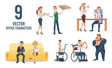 Female, Male Office Workers Trendy Flat Vector Characters Set Isolated on White Background. Men and Women Eating Pizza, Disabled Man in Wheelchair, Job Applicants Waiting for Interview Illustration