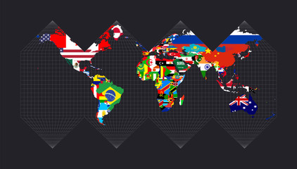 World map with flags. HEALPix projection. Map of the world with meridians on dark background. Vector illustration.
