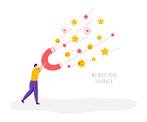 Client feedback concept, man with giant magnet and customers review and feedbacks, online service evaluation, flat tiny character and rating stars, smiles, likes - Vector for banner, website