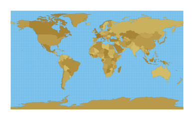 World Map. Patterson cylindrical projection. Map of the world with meridians on blue background. Vector illustration.