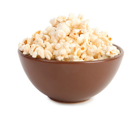 Bowl of tasty pop corn isolated on white