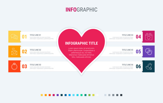 Colorful diagram, infographic template. Love infographic template with 6 steps. Heart workflow process for valentines. Vector design. Warm palette.