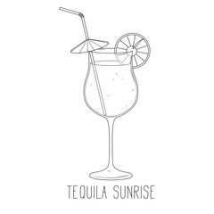 Alcoholic cocktail - tequila sunrise isolated on white background. Vector illustration